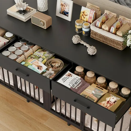 Vista 5 de HOSTACK - Jaula doble para perros, 71 pulgadas de ancho, muebles de interior para 2 perros, color negro 3 Drawers for Easy Storage, Heavy-Duty