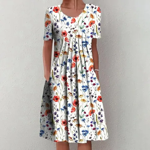 Vista 2 de Vestido casual con estampado floral para mujer, vestido de verano con cuello redondo, manga corta, plisado, vestido midi para fiesta en la playa