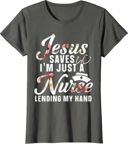 Vista 9 de Jesus Saves I'm Just A Nurse Lending My Hand RN Christian T-Shirt Asphalt Grey