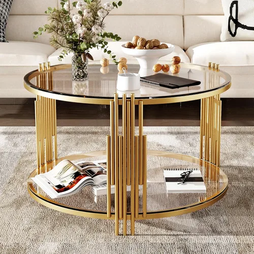 Vista 12 de Mesa de café moderna con vidrio templado, mesa de cóctel de madera con superficie UV de alto brillo, mesa central modernista de 2 niveles y Negro