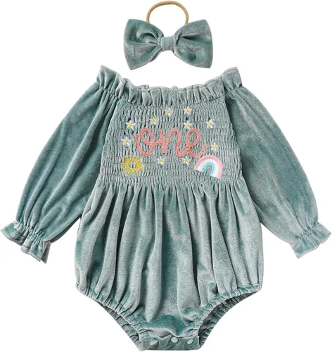 Vista 36 de GRNSHTS Ropa de primer cumpleaños para niña de terciopelo de un año de edad, mameluco de manga larga + diadema, 2 piezas de trajes de pastel
