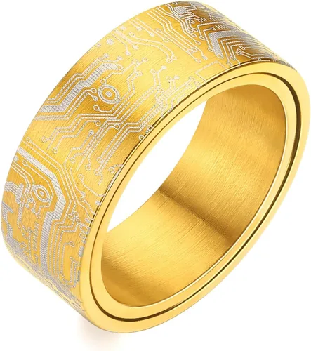 Vista 11 de Anillo de patrón de placa de circuito de computadora de 0.315 in negro/plata/azul/oro - Spinner Fidget Alivio de la ansiedad Anillo de acero