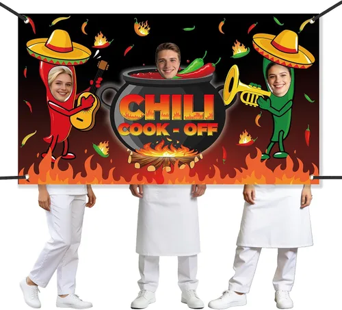 Vista 10 de Cartel de Chili Cook Off, pancarta de tela para concurso de 41 x 24 pulgadas, suministros para fiestas mexicanas (41.3 x 23.6 in)