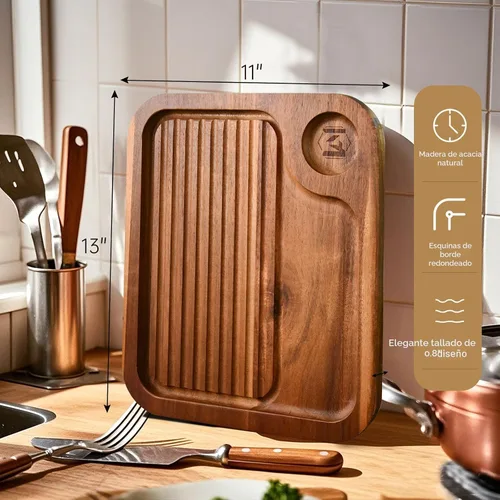 Vista 2 de Platos de bistec de madera de acacia, tabla de cortar carnívora para comer, plato de carne tallado de madera, bandeja para servir alimentos, tabla