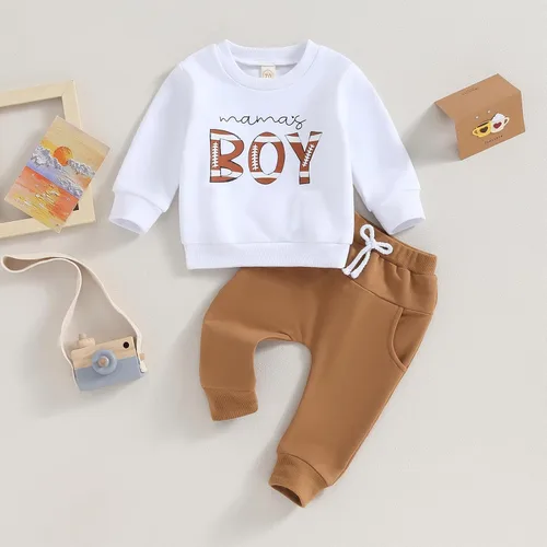 Vista 2 de Conjunto de 2 piezas de sudadera con estampado de letras y pantalones largos elásticos, lindos trajes para recién nacidos
