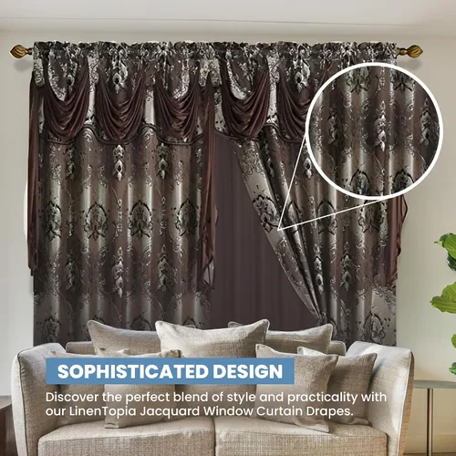 Vista 2 de LinenTopia Juego de cortinas clásicas de jacquard para ventana (2 paneles), incluye cenefa y respaldo transparente, paneles de cortina floral