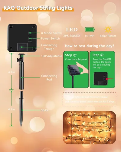 Vista 7 de Guirnalda de luces solares para exteriores, paquete de 2 unidades, 500 LED Blanco Warm