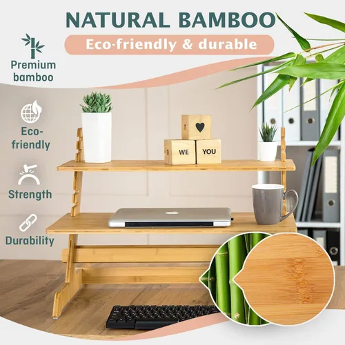 Vista 4 de Elevador de escritorio ajustable de bambú 100% natural, soporte convertidor de escritorio, sin tornillos, se instala en menos de 1 minuto, para uso
