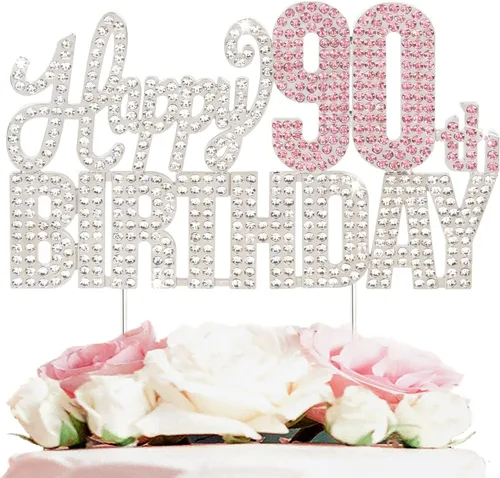 Vista 13 de Decoración de pastel de diamantes de imitación rosa y plateado con texto en inglés "Cheers to 11 Years Old Eleven Bday" de metal brillante