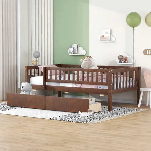 Vista 17 de Harper & Bright Designs Base de cama para niños de tamaño matrimonial con 2 cajones, sofá cama matrimonial de madera con valla, marco de cama