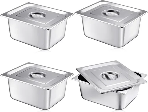 Vista 7 de Mifoci Paquete de 2 sartenes de vapor de acero inoxidable con tapa, 1/2 de tamaño x 4 pulgadas de profundidad, suministros de restaurante