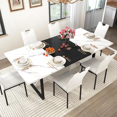 Vista 10 de Mesa de comedor grande de 70 pulgadas para 4, 5, 6 personas, mesa de comedor de cocina de granja con mesa de madera marrón, mesas de comedor
