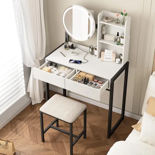 Vista 8 de Mesa de tocador pequeña con espejo y luces, mesa de tocador de maquillaje con espejo LED, 3 modos de iluminación, toma de corriente, cajón, estantes