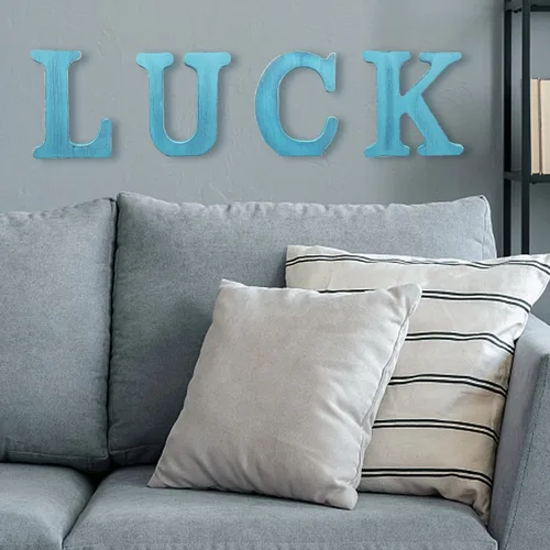 Vista 4 de Letras de madera azul rústica de 6 pulgadas, letras de madera sin terminar para pared, letras decorativas azules retro de pie, decoración de tablero