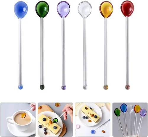 Vista 9 de FOMIYES Cuchara de cristal, 6 cucharas de café, varilla de agitación, cuchara mezcladora de azúcar, cucharadita de helado para café, helado, postre