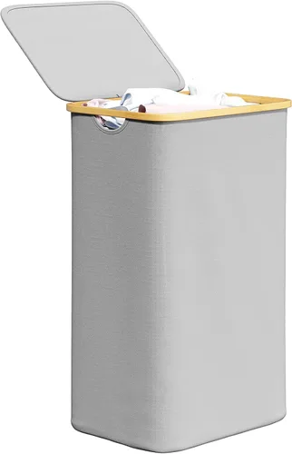Vista 21 de SpaceAid Cesta de lavandería delgada con ruedas y tapa, cesta de ropa estrecha rodante de 62 litros con mango de bambú, canasta grande para ropa