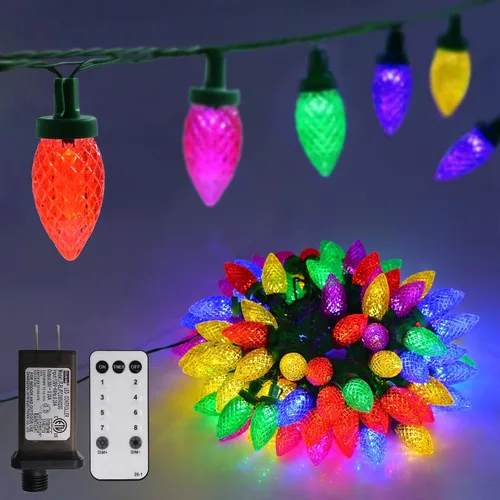 Vista 8 de ZAIYW Tira de luces de Navidad C9 de 66 pies, 100 luces LED de fresa, enchufe UL, tira de luces C9, cable verde, impermeable, para aleros de techo