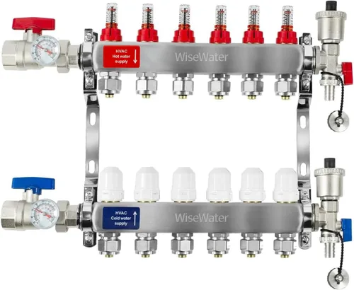 Vista 11 de AB Colector PEX de 2 bucles/radiante, salidas compatibles de 1/2 pulgada, válvula de flujo de hasta 1.4 GPM para calefacción radiante hidrónica