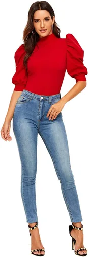 Vista 5 de Romwe Blusa de mujer con cuello de media manga y espalda de ojo de cerradura