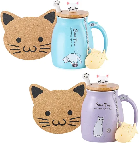 Vista 12 de BigNoseDeer Lindas tazas Kawaii de gato, taza de café de cerámica con infusor y tapa, cuchara, taza de té, regalos lindos y geniales para mujeres