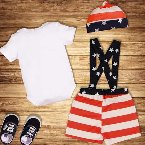 Vista 3 de Traje del Día de la Independencia para bebé niño recién nacido 4 de julio, traje para niño con mi primer día de la independencia, traje + sombrero 3