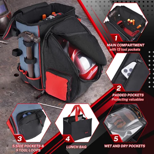 Vista 4 de KUNN Mochila de soldadura con bolsa desmontable para casco Rojo