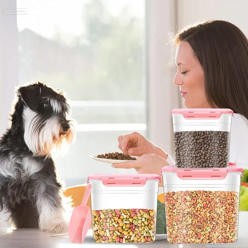 Vista 6 de 3 recipientes de almacenamiento de alimentos para animales, contenedor de plástico para almacenamiento de alimentos para perros con cuchara, 4