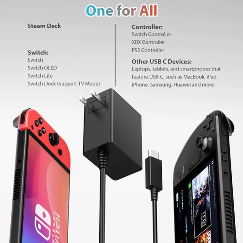 Vista 5 de Charger for Nintendo Switch, 45W AC Adapter, 20V2.25A Fast Charging with 5FT USB-C Cable Compatible with LiteOLEDSteam DeckPlayStation Portal