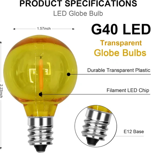 Vista 2 de Paquete de 25 bombillas LED multicolor G40 de repuesto de Navidad, 1 vatio, base de candelabro E12/C7, bombillas LED Edison inastillables