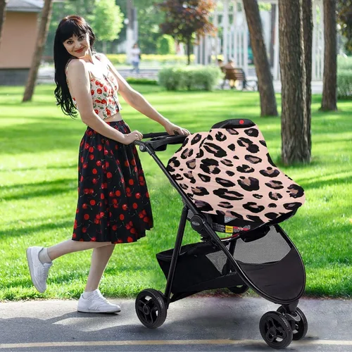 Vista 7 de Fundas de asiento de coche de leopardo rosa y negro, funda de lactancia materna, suave y transpirable, cobertura elástica, funda de cochecito