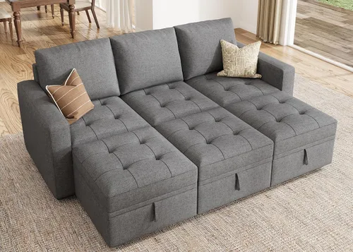 Vista 17 de HONBAY Sofá cama modular modular con cama extraíble, sofá en forma de L con asiento de almacenamiento, sofás seccionales para sala de estar, beige