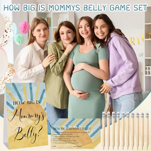 Vista 25 de Sabary 64 Piezas Juegos de Baby Shower Incluyen Letrero How Big is Mommy's Belly Sign Measure Bump Game 50 Tarjetas 10 Lápices 3 Cintas Métricas
