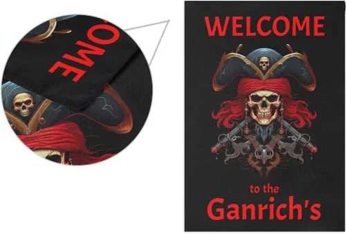 Vista 2 de Bandera de pirata de bienvenida personalizada con tu nombre, bandera de jardín de 12 x 18 pulgadas, bandera náutica de barco de doble cara, regalos