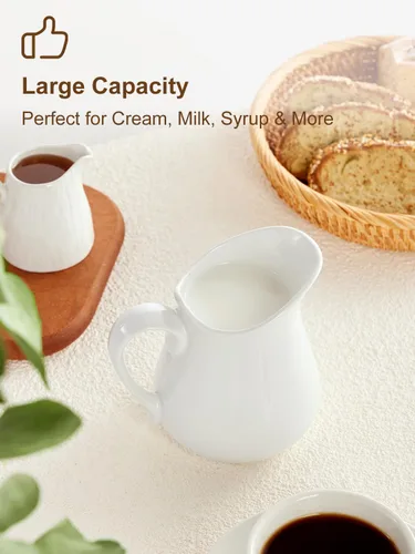 Vista 3 de Jarra de crema de leche de porcelana de 17 onzas con asa, crema blanca, apta para microondas y congelador