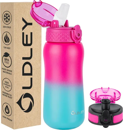 Vista 30 de Botella de agua aislada Oldley de 12 oz con pajita, botella de agua de acero inoxidable con 2 tapas, botellas de doble pared con vacío para adultos
