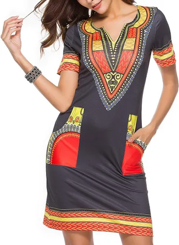 Vista 14 de Vestidos africanos para mujer, estilo bohemio, dashiki, tribal, vintage, étnico, midi Negro