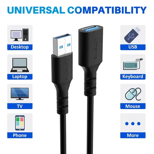 Vista 2 de Paquete de 3 cables de extensión USB 3.0 de 2 pies, cable corto USB A macho a hembra, transferencia de datos de 5 Gbps para cámara web, impresora