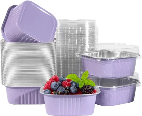 Vista 9 de 50 Pcs Mini Square Baking Cups with Lids,5oz Aluminum Foil Mini Cake Pans with Lids,Disposable Ramekins Cake Pans,150ml Dessert Cups Cupcake Pans