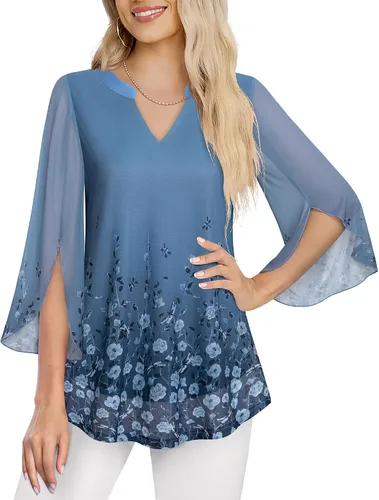 Vista 2 de VALOLIA Blusa tipo túnica floral de manga 34 para mujer, cuello en V, doble capa, ajuste holgado, de malla