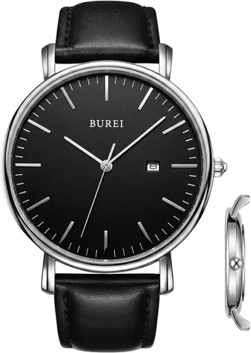 Vista 13 de BUREI Relojes de pulsera para hombre, relojes minimalistas de moda, analógicos de cuarzo, impermeables para hombres Banda negra negra