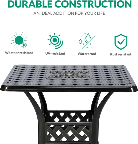 Vista 6 de VIVIJASON Mesa de patio de 30.5 pulgadas, mesa cuadrada de comedor al aire libre, mesa de comedor de aluminio fundido de bronce con agujero