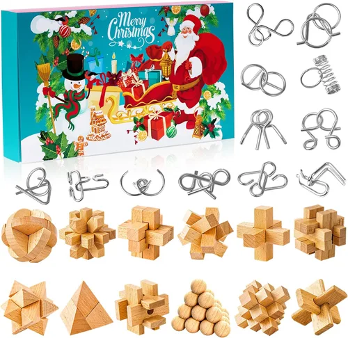 Vista 8 de Calendario de Adviento 2025 Rompecabezas Mental para Niños y Adultos – 24 Días de Anillos Rompecabezas de Metal y Juegos de Juguetes de Madera