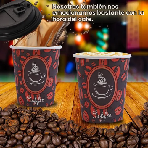 Vista 6 de Tazas de café de papel desechables con tapas, perfectas para té y bebidas calientes, paquete de 100 (8 onzas, diseño de grano de café)