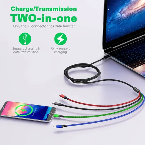 Vista 2 de Cable de carga múltiple de 4A, 5 pies, paquete de 2 cables de carga 4 en 1, cable trenzado múltiple USB C universal con Lightning/tipo C/puerto