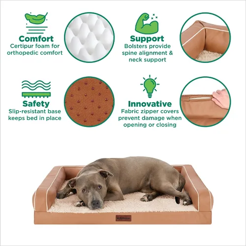 Vista 4 de Furhaven Sofá cama ortopédico para perro, sofá de espuma viscoelástica con refuerzos, felpa texturizada y funda resistente al agua, funda lavable
