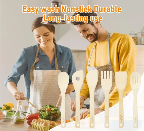 Vista 5 de Juego de utensilios de cocina de bambú de 6 piezas, cucharas de madera antiadherentes resistentes al calor para sartenes antiadherentes
