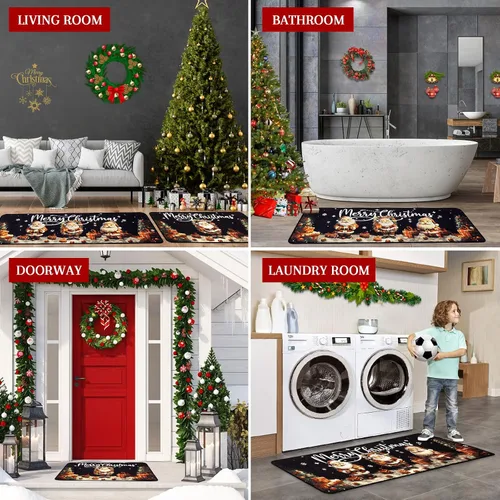 Vista 5 de Voanos Juego de 2 alfombras de cocina de Feliz Navidad, con temática linda de Papá Noel y regalo, decoración navideña para el hogar, tapete lavable