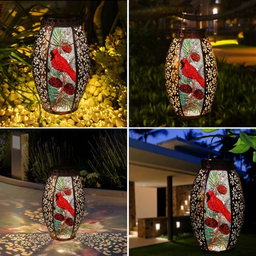 Vista 5 de Faroles solares colgantes para exteriores, luz LED cardenal de cristal, impermeable, hueca, decoración de metal, jardín, patio, regalos, mesa
