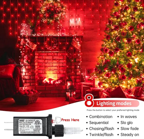 Vista 3 de Luces de Navidad para exteriores Luces de Carámbano 300 LED, 33 pies, 8 modos, luces de cadena colgantes de hadas conectables con enchufe de 30 V