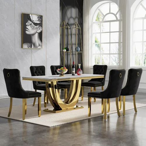 Vista 46 de Juego de mesa de comedor de mármol sintético, 7 piezas, juego de mesa de cocina y comedor para 6, mesa de comedor rectangular blanca de 70 pulgadas
